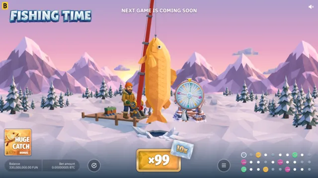 The angler reels in a yellow Huge Catch fish in Fishing Time